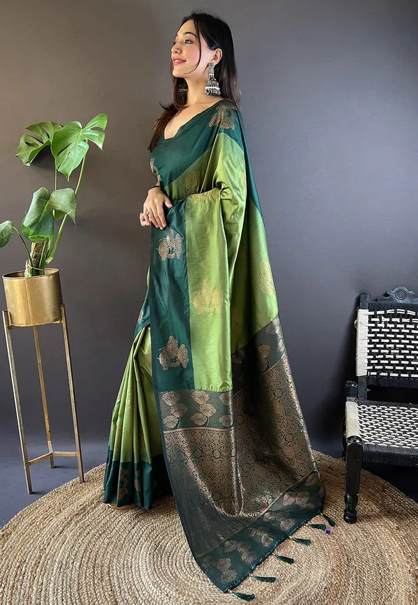 Mehandi_Green_Premium_Soft_Silk_With_Blouse_Piece_For_Women_&_Girls
