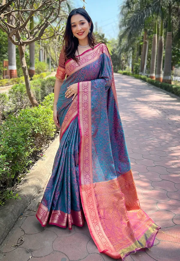 Blue_Premium_Soft_Kashmiri_Silk_With_Blouse_Piece_For_Women_&_Girls