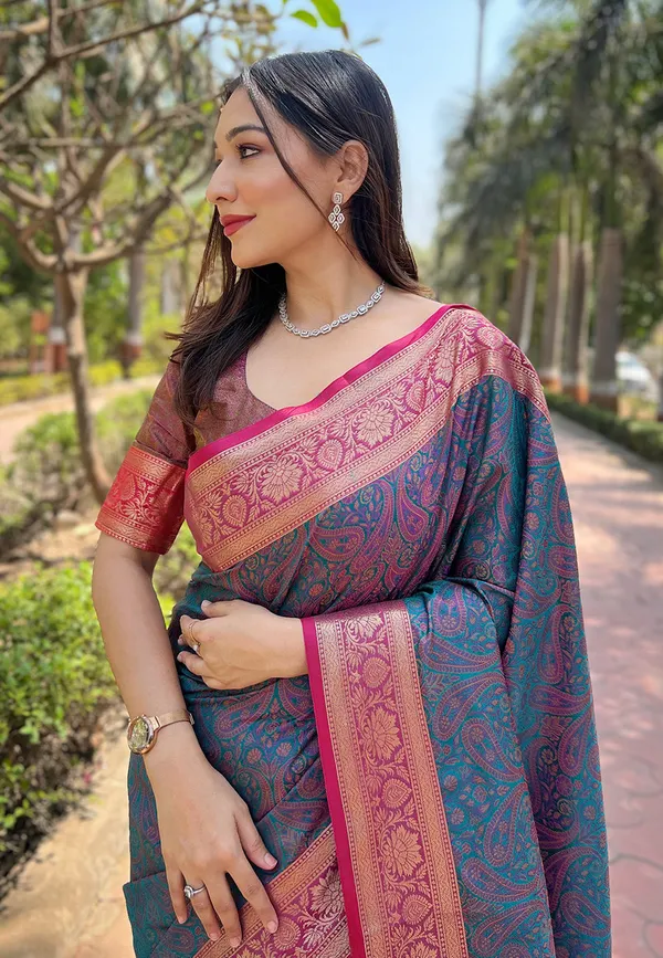 Blue_Premium_Soft_Kashmiri_Silk_With_Blouse_Piece_For_Women_&_Girls