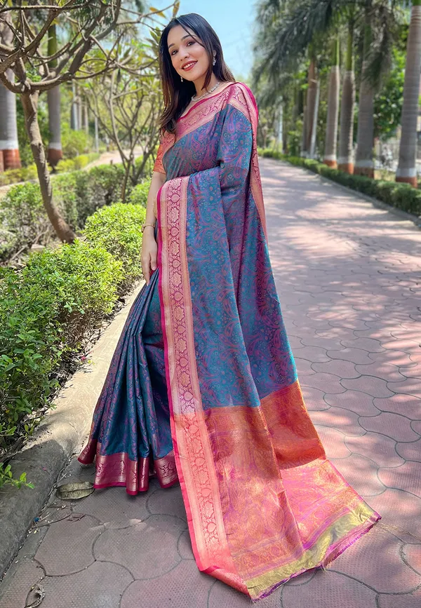 Blue_Premium_Soft_Kashmiri_Silk_With_Blouse_Piece_For_Women_&_Girls