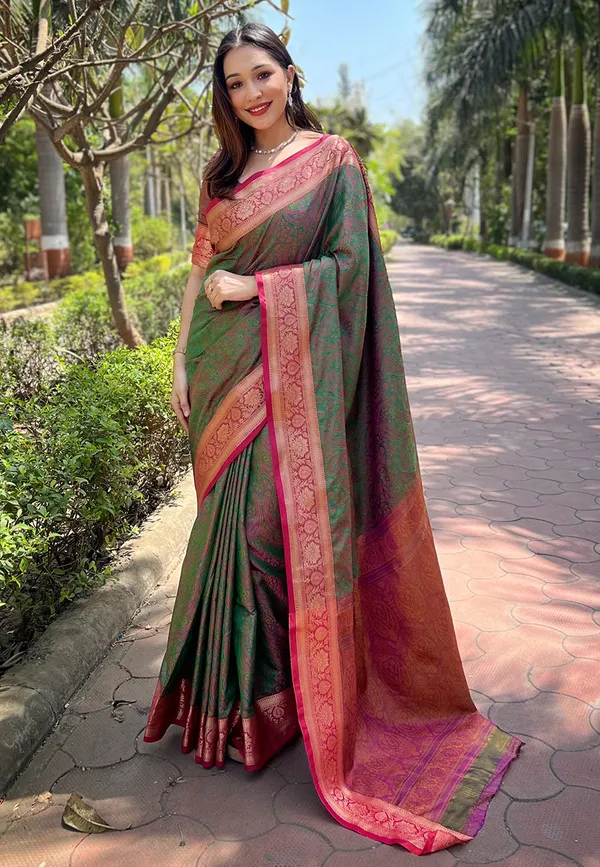 Green_Premium_Soft_Kashmiri_Silk_With_Blouse_Piece_For_Women_&_Girls