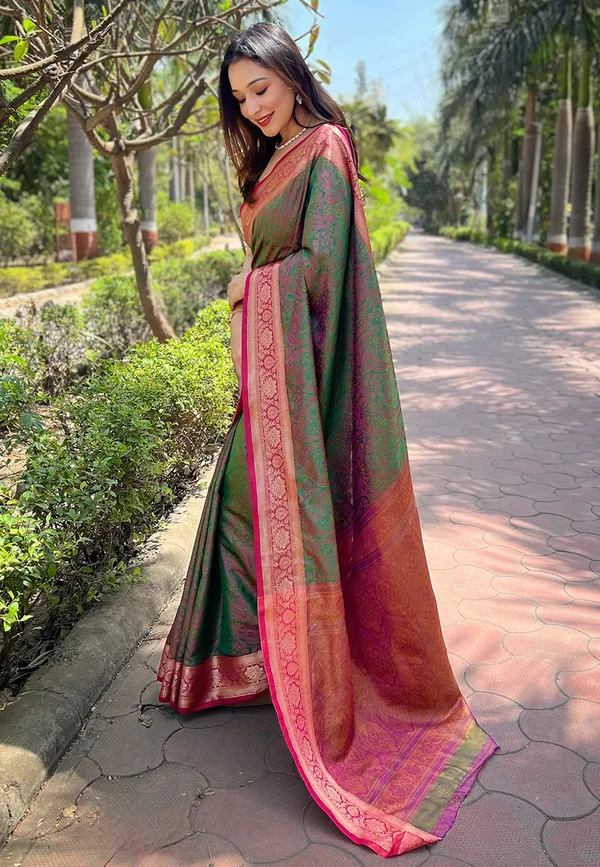 Green_Premium_Soft_Kashmiri_Silk_With_Blouse_Piece_For_Women_&_Girls