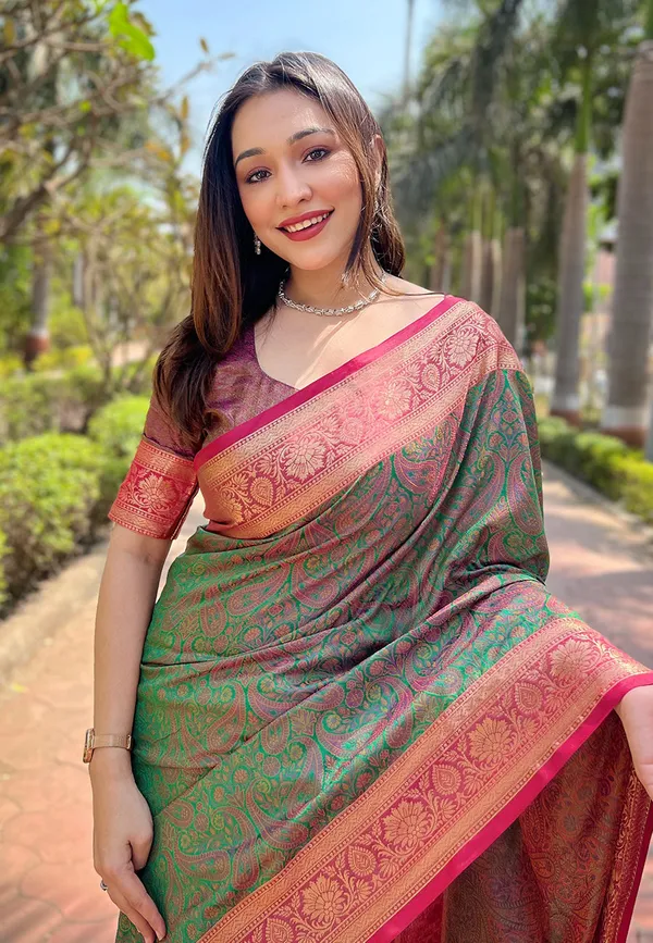 Green_Premium_Soft_Kashmiri_Silk_With_Blouse_Piece_For_Women_&_Girls