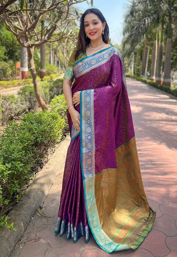 Purple_Premium_Soft_Kashmiri_Silk_With_Blouse_Piece_For_Women_&_Girls