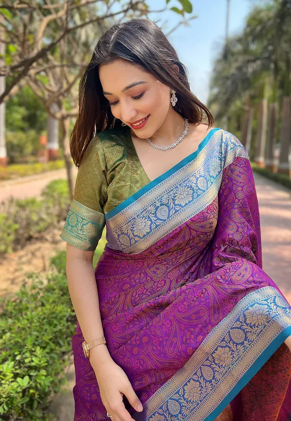 Purple_Premium_Soft_Kashmiri_Silk_With_Blouse_Piece_For_Women_&_Girls