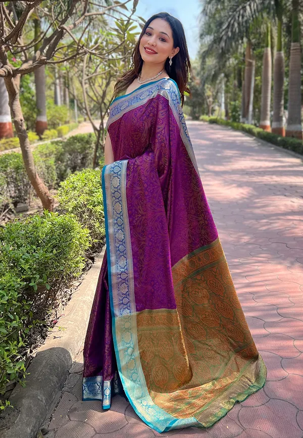 Purple_Premium_Soft_Kashmiri_Silk_With_Blouse_Piece_For_Women_&_Girls