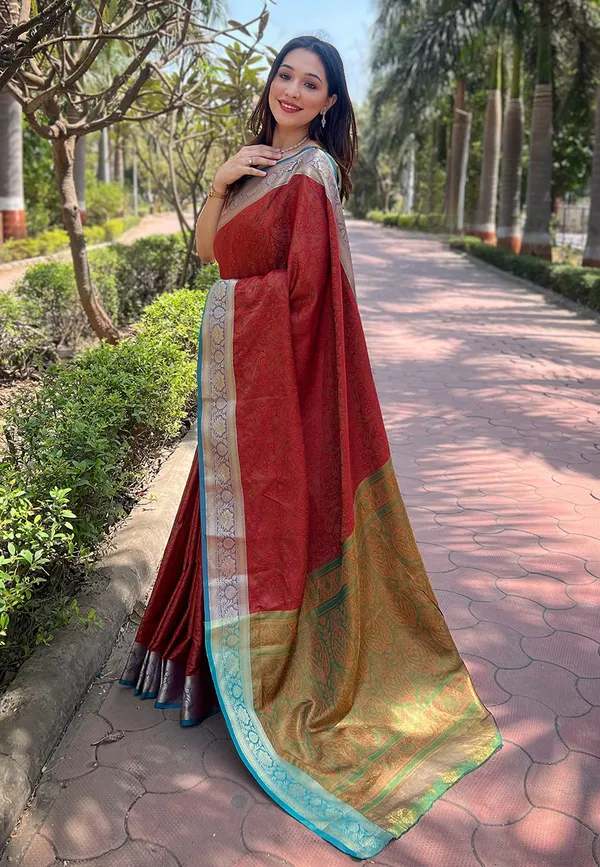 Red_Premium_Soft_Kashmiri_Silk_With_Blouse_Piece_For_Women_&_Girls