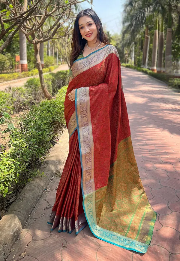 Red_Premium_Soft_Kashmiri_Silk_With_Blouse_Piece_For_Women_&_Girls
