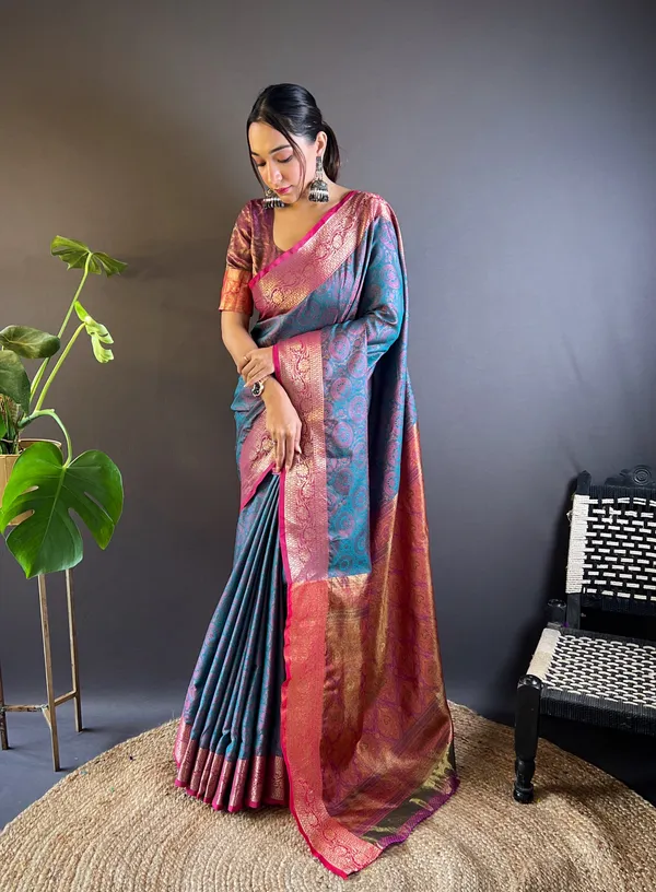 Blue_Premium_Soft_Kashmiri_Silk_With_Blouse_Piece_For_Women_&_Girls