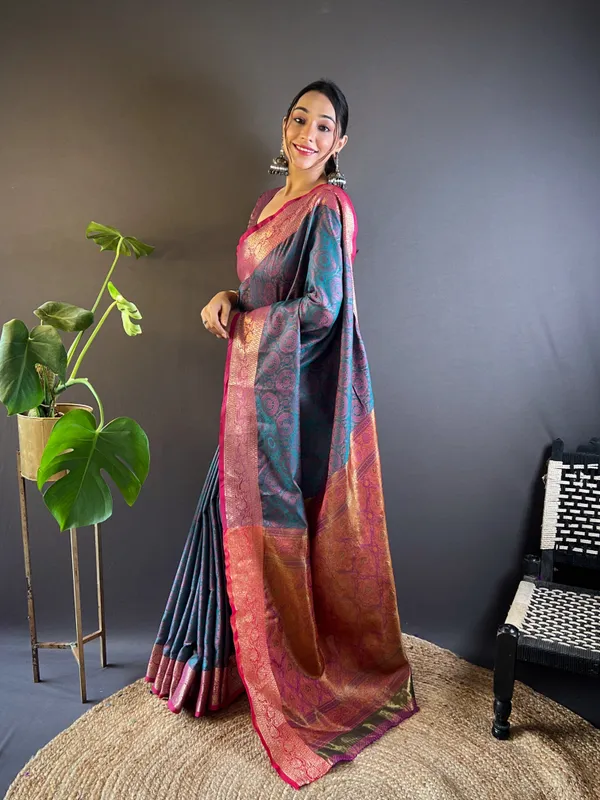 Blue_Premium_Soft_Kashmiri_Silk_With_Blouse_Piece_For_Women_&_Girls