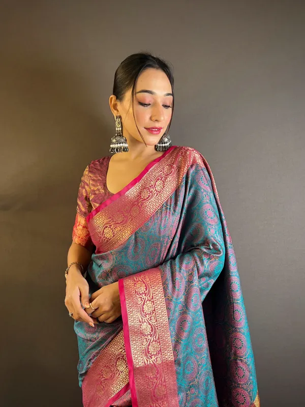 Blue_Premium_Soft_Kashmiri_Silk_With_Blouse_Piece_For_Women_&_Girls