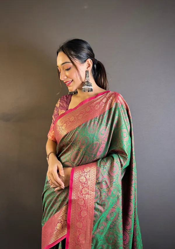 Green_Premium_Soft_Kashmiri_Silk_With_Blouse_Piece_For_Women_&_Girls