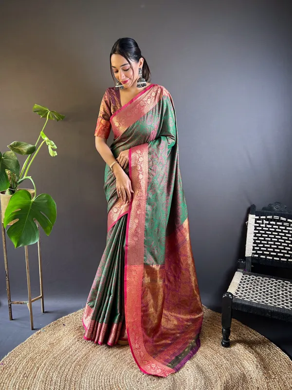 Green_Premium_Soft_Kashmiri_Silk_With_Blouse_Piece_For_Women_&_Girls
