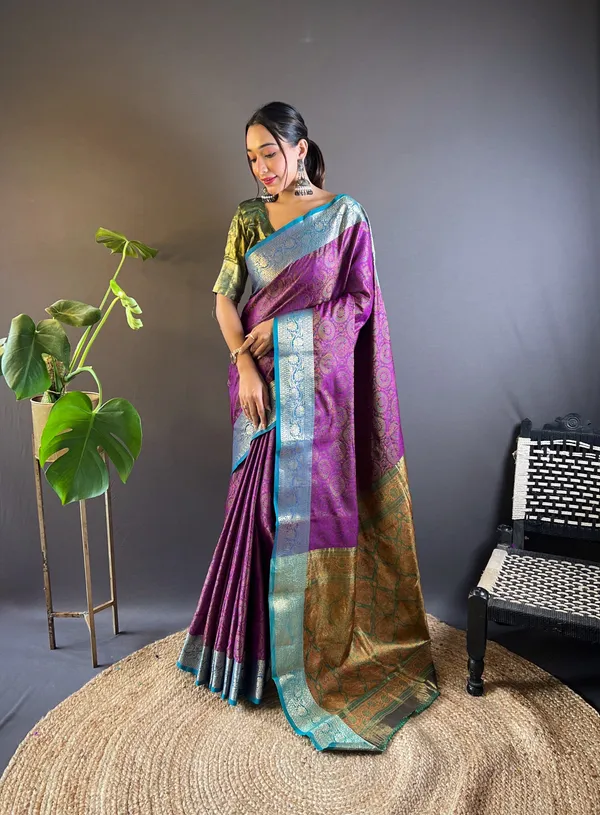 Purple_Premium_Soft_Kashmiri_Silk_With_Blouse_Piece_For_Women_&_Girls