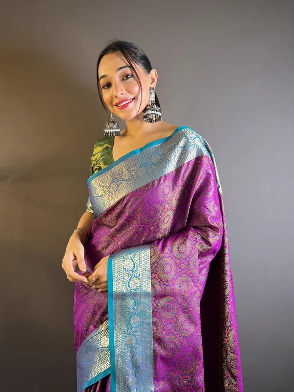 Purple_Premium_Soft_Kashmiri_Silk_With_Blouse_Piece_For_Women_&_Girls