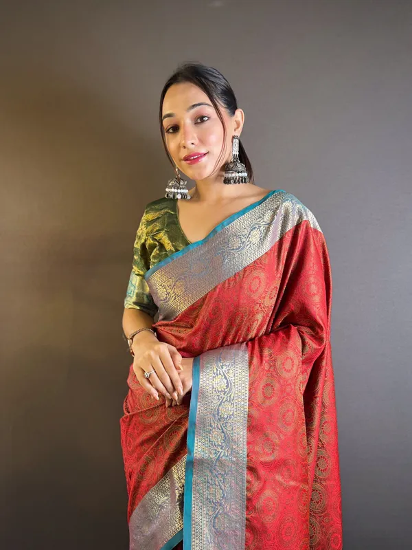 Red_Premium_Soft_Kashmiri_Silk_With_Blouse_Piece_For_Women_&_Girls