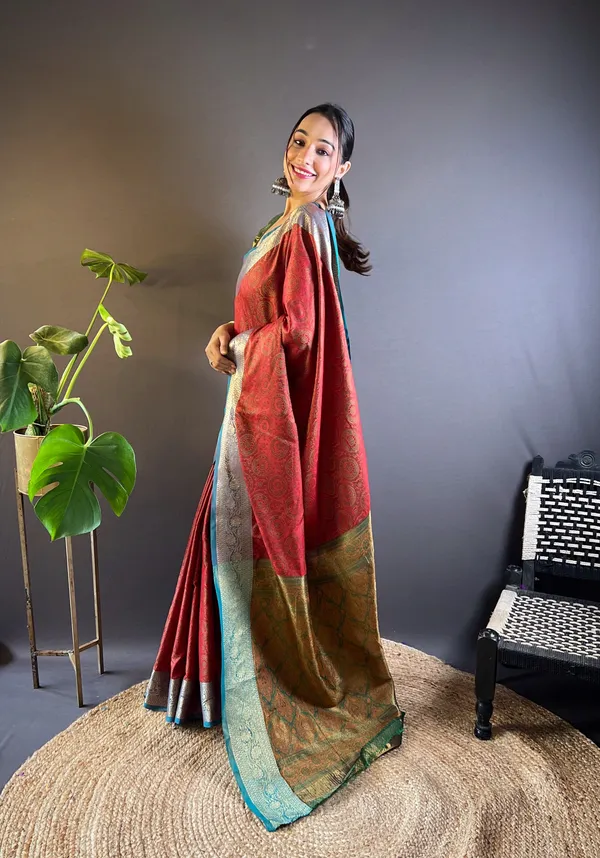 Red_Premium_Soft_Kashmiri_Silk_With_Blouse_Piece_For_Women_&_Girls