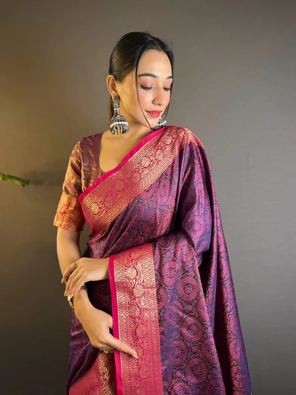 Violet_Premium_Soft_Kashmiri_Silk_With_Blouse_Piece_For_Women_&_Girls