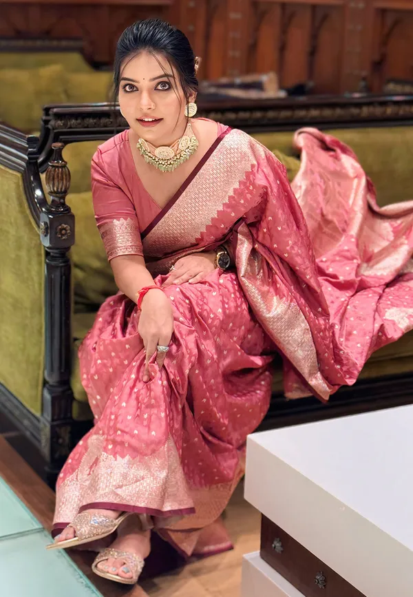 Pink_Premium_Banarasi_Silk_With_Blouse_Piece_For_Women_&_Girls