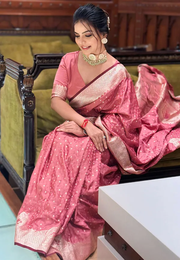 Pink_Premium_Banarasi_Silk_With_Blouse_Piece_For_Women_&_Girls