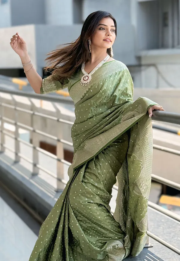 Lime_Green_Premium_Banarasi_Silk_With_Blouse_Piece_For_Women_&_Girls
