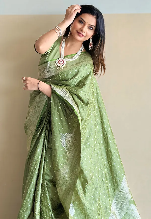 Lime_Green_Premium_Banarasi_Silk_With_Blouse_Piece_For_Women_&_Girls