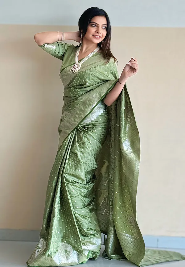 Lime_Green_Premium_Banarasi_Silk_With_Blouse_Piece_For_Women_&_Girls