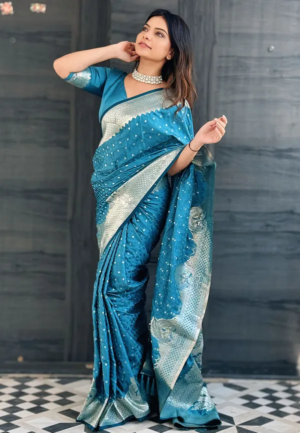 Indigo_Blue_Premium_Banarasi_Silk_With_Blouse_Piece_For_Women_&_Girls