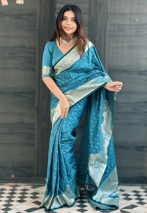 Indigo_Blue_Premium_Banarasi_Silk_With_Blouse_Piece_For_Women_&_Girls