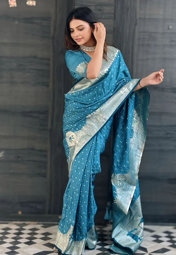 Indigo_Blue_Premium_Banarasi_Silk_With_Blouse_Piece_For_Women_&_Girls