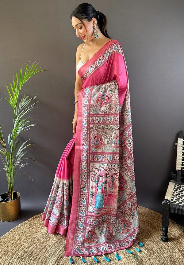 Pink_Premium_Tussar_Saree_With_Blouse_Piece_For_Women_&_Girls