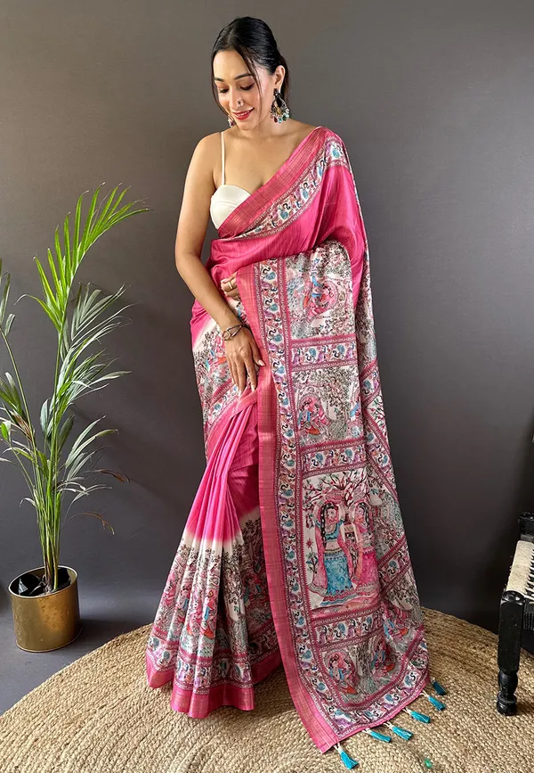 Pink_Premium_Tussar_Saree_With_Blouse_Piece_For_Women_&_Girls