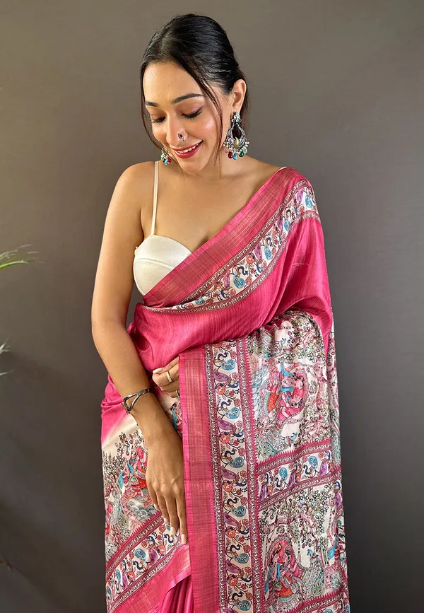 Pink_Premium_Tussar_Saree_With_Blouse_Piece_For_Women_&_Girls