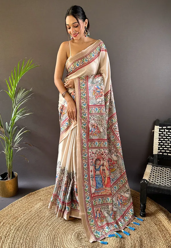 Cream_Premium_Tussar_Saree_With_Blouse_Piece_For_Women_&_Girls