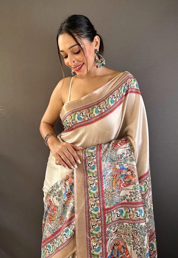 Cream_Premium_Tussar_Saree_With_Blouse_Piece_For_Women_&_Girls