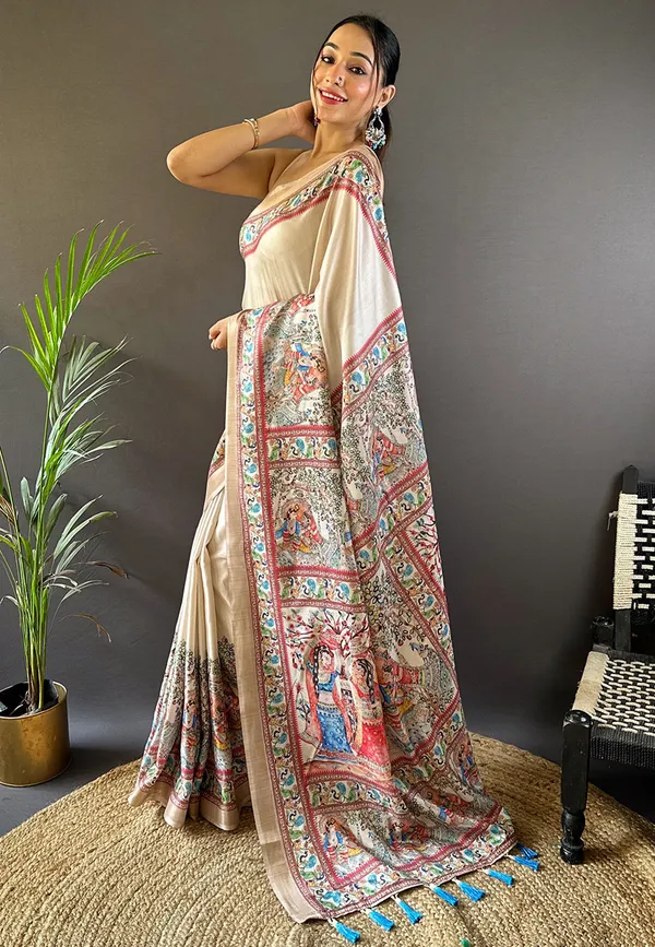 Cream_Premium_Tussar_Saree_With_Blouse_Piece_For_Women_&_Girls