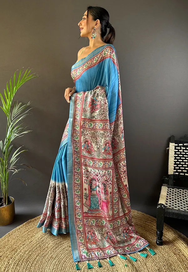 Blue_Premium_Tussar_Saree_With_Blouse_Piece_For_Women_&_Girls