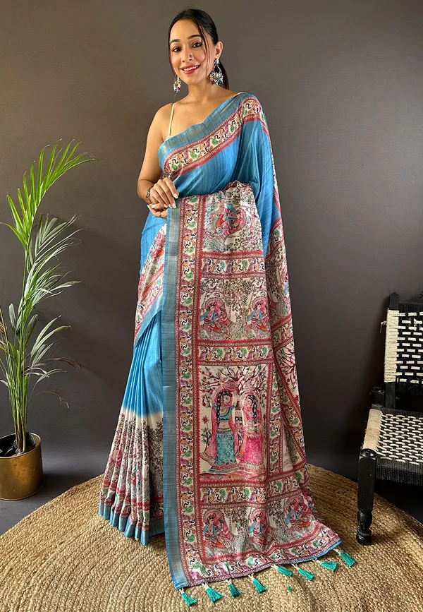 Blue_Premium_Tussar_Saree_With_Blouse_Piece_For_Women_&_Girls
