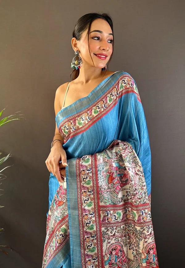 Blue_Premium_Tussar_Saree_With_Blouse_Piece_For_Women_&_Girls