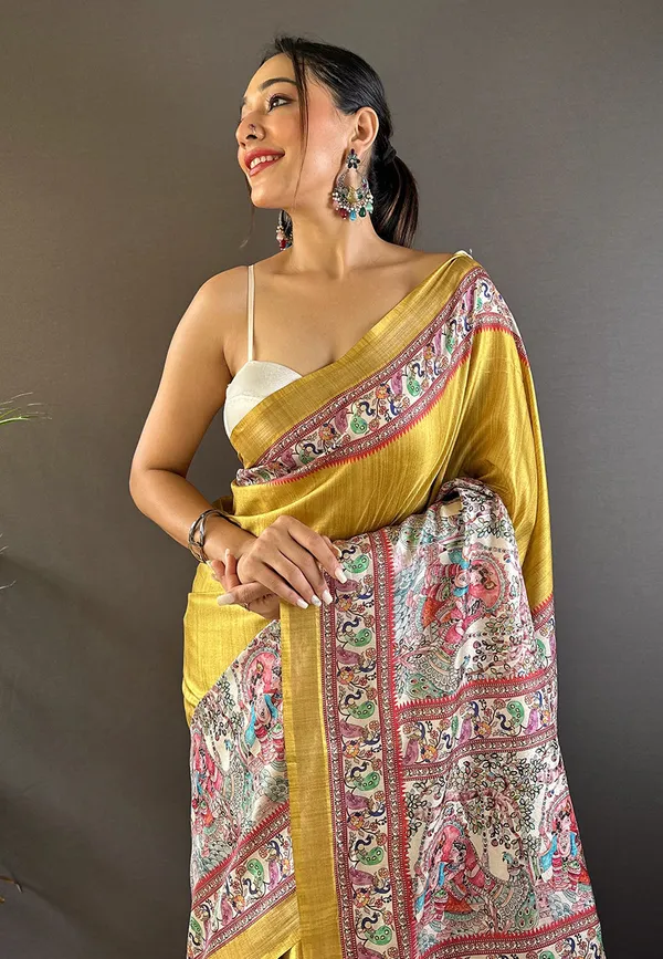 Yellow_Premium_Tussar_Saree_With_Blouse_Piece_For_Women_&_Girls