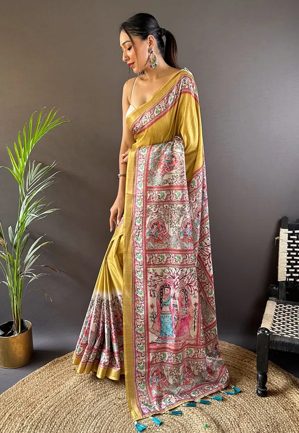 Yellow_Premium_Tussar_Saree_With_Blouse_Piece_For_Women_&_Girls