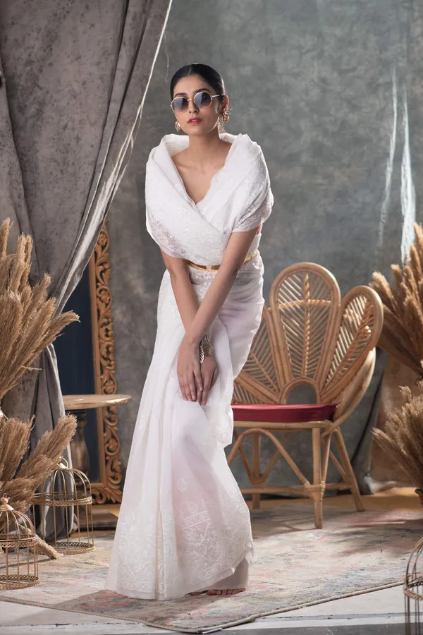 White_Premium_Chikankari_Saree_With_Blouse_Piece_For_Women_&_Girls