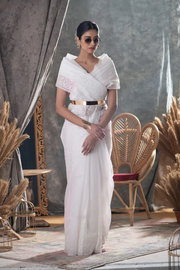 White_Premium_Chikankari_Saree_With_Blouse_Piece_For_Women_&_Girls