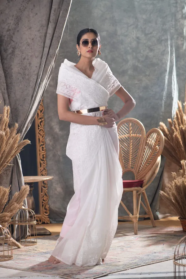 White_Premium_Chikankari_Saree_With_Blouse_Piece_For_Women_&_Girls