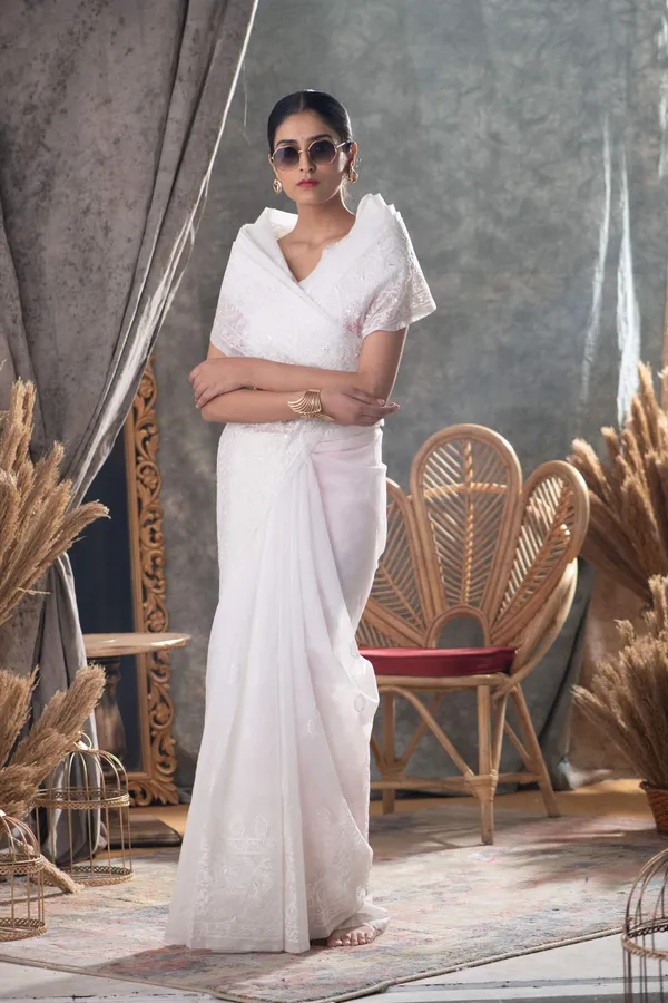 White_Premium_Chikankari_Saree_With_Blouse_Piece_For_Women_&_Girls
