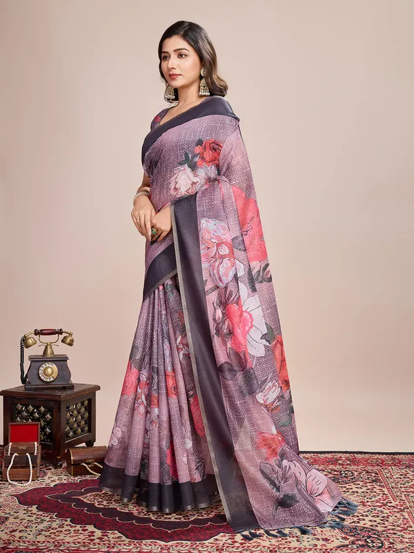 Light_Purple_Premium_Semi_Linen_Saree_With_Blouse_Piece_For_Women_&_Girls