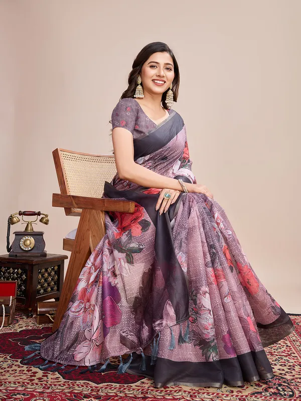 Light_Purple_Premium_Semi_Linen_Saree_With_Blouse_Piece_For_Women_&_Girls