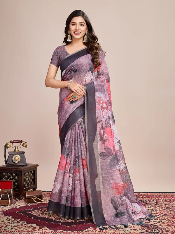 Light_Purple_Premium_Semi_Linen_Saree_With_Blouse_Piece_For_Women_&_Girls