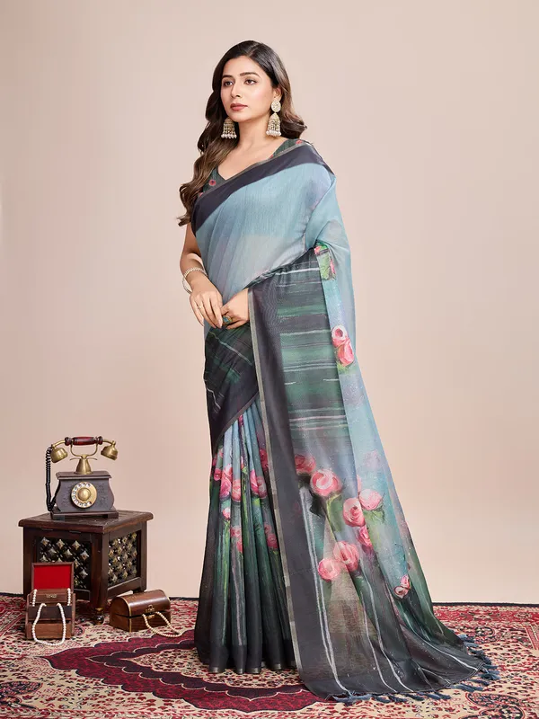 Sky_Premium_Semi_Linen_Saree_With_Blouse_Piece_For_Women_&_Girls
