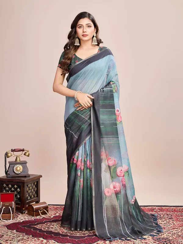 Sky_Premium_Semi_Linen_Saree_With_Blouse_Piece_For_Women_&_Girls